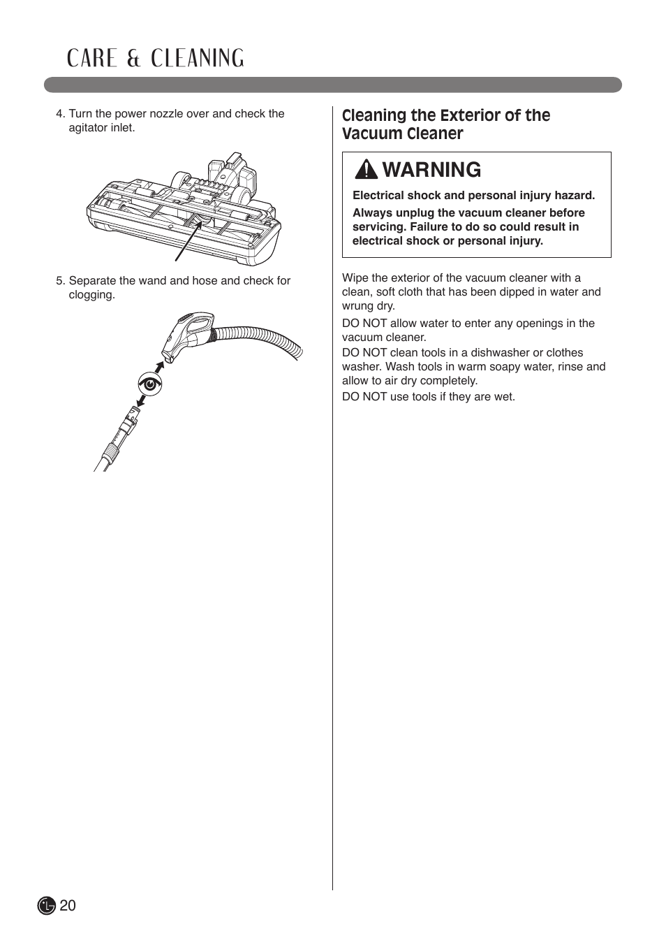 Care & cleaning, Warning, Cleaning the exterior of the vacuum cleaner | LG LCV900B User Manual | Page 20 / 67