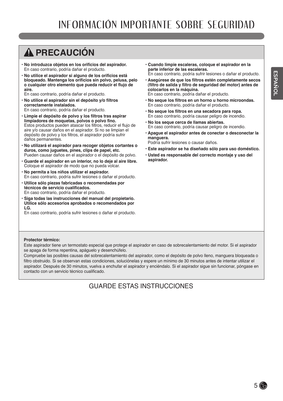 Información importante sobre seguridad, Precaución, Guarde estas instrucciones | LG LCV900B User Manual | Page 27 / 67