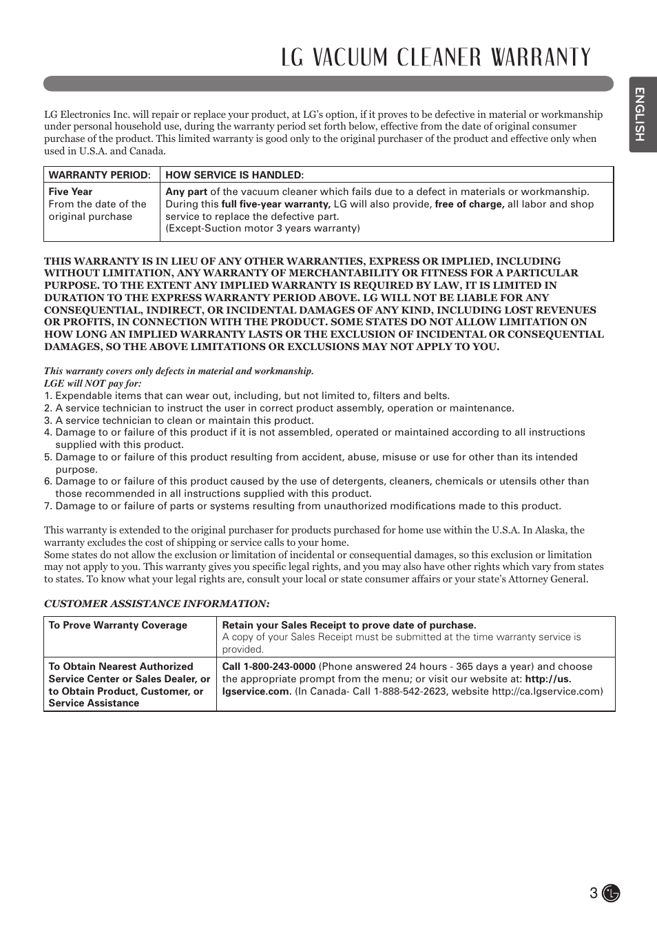 Lg vacuum cleaner warranty | LG LCV900B User Manual | Page 3 / 67