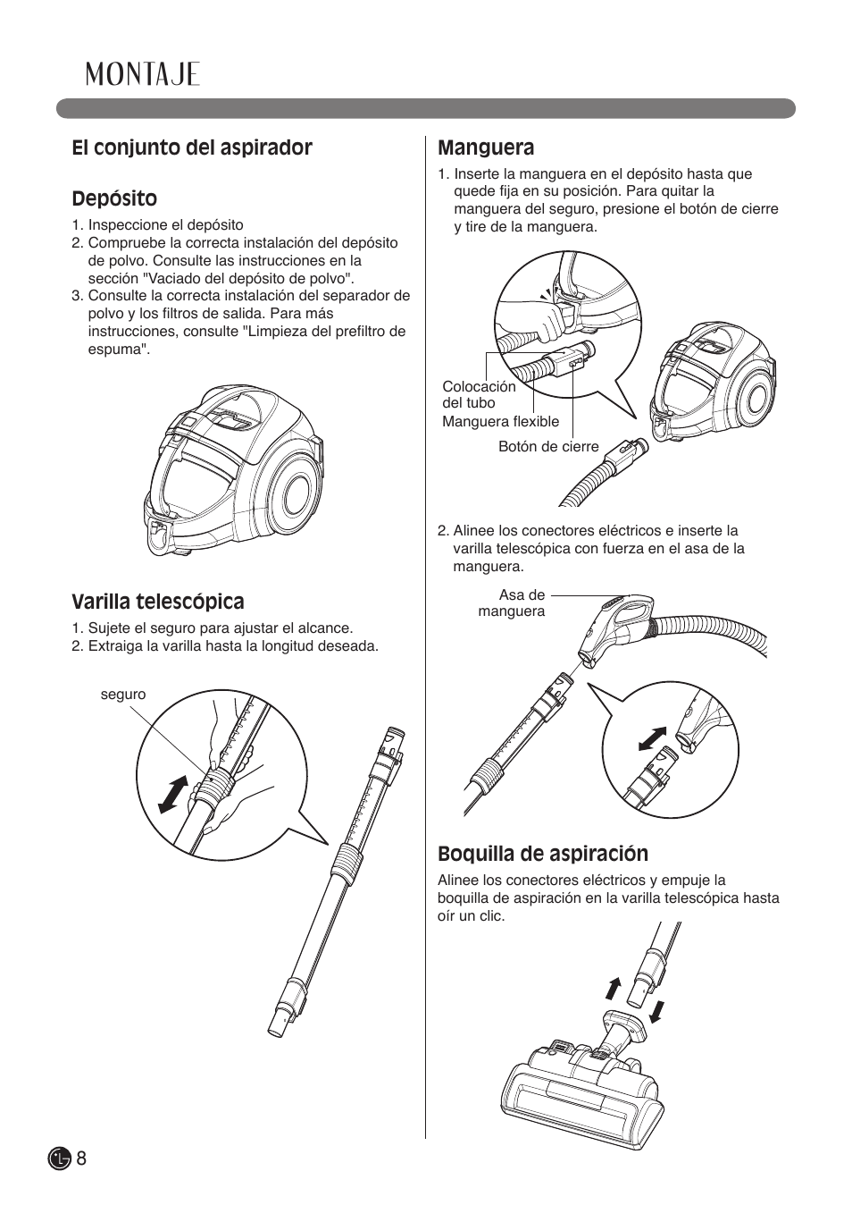Montaje, El conjunto del aspirador depósito, Varilla telescópica | Manguera, Boquilla de aspiración | LG LCV900B User Manual | Page 30 / 67