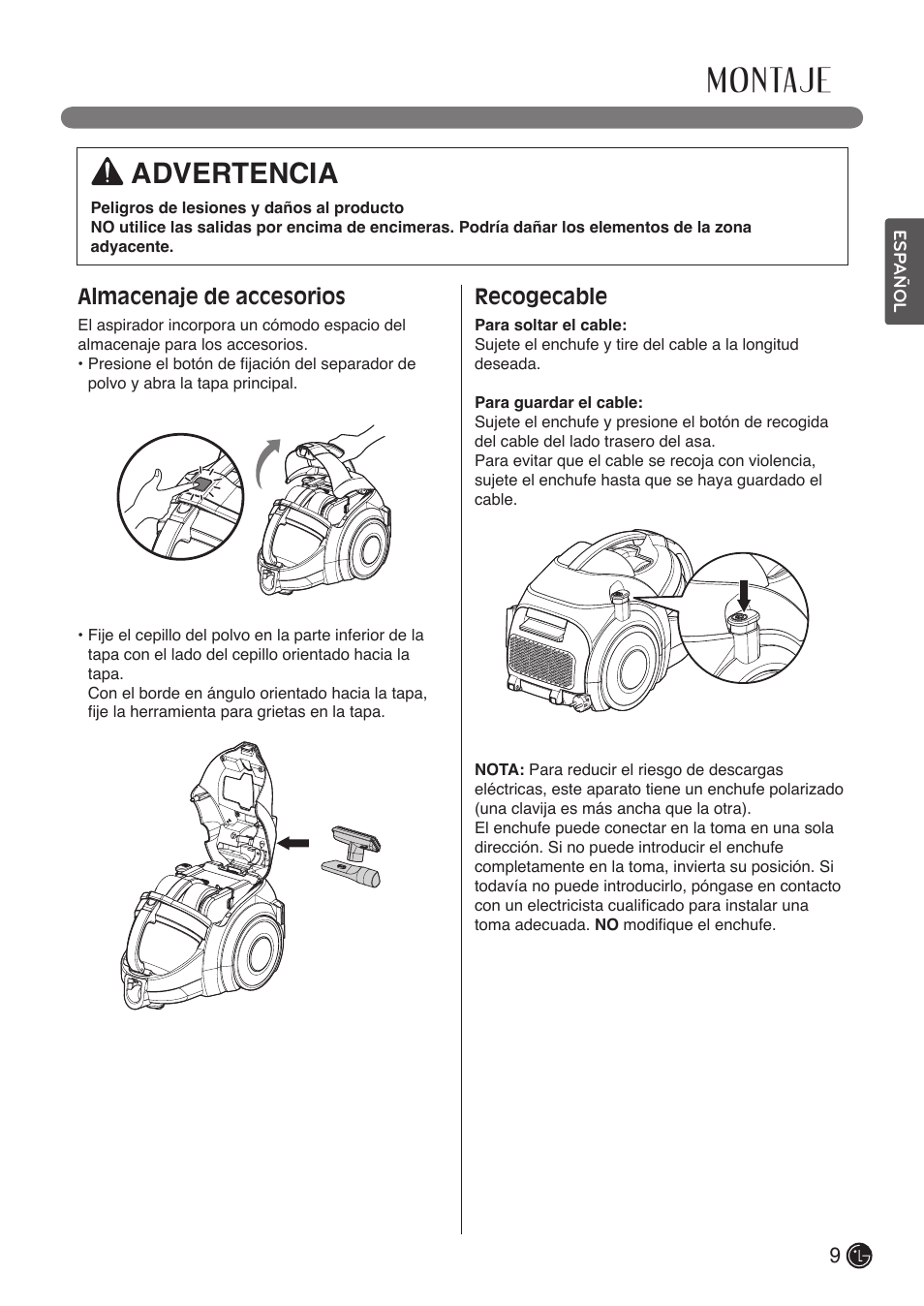 Montaje, Advertencia, Almacenaje de accesorios | Recogecable | LG LCV900B User Manual | Page 31 / 67