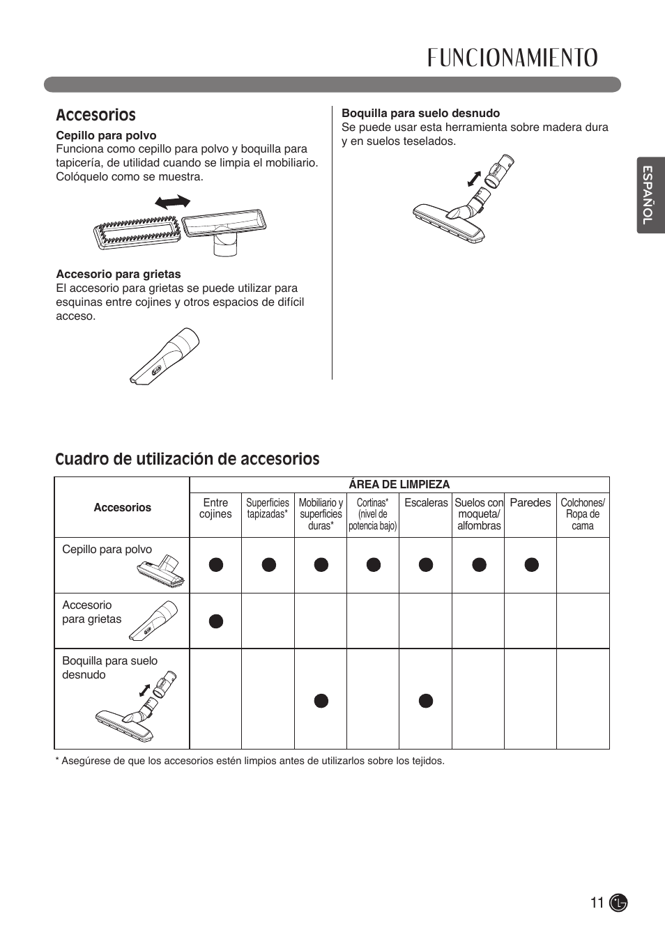 Funcionamiento, Accesorios, Cuadro de utilización de accesorios | LG LCV900B User Manual | Page 33 / 67