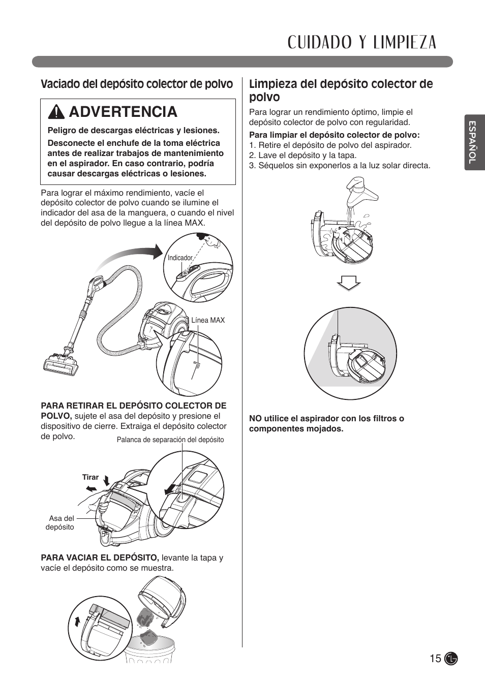Cuidado y limpieza, Advertencia, Vaciado del depósito colector de polvo | Limpieza del depósito colector de polvo | LG LCV900B User Manual | Page 37 / 67