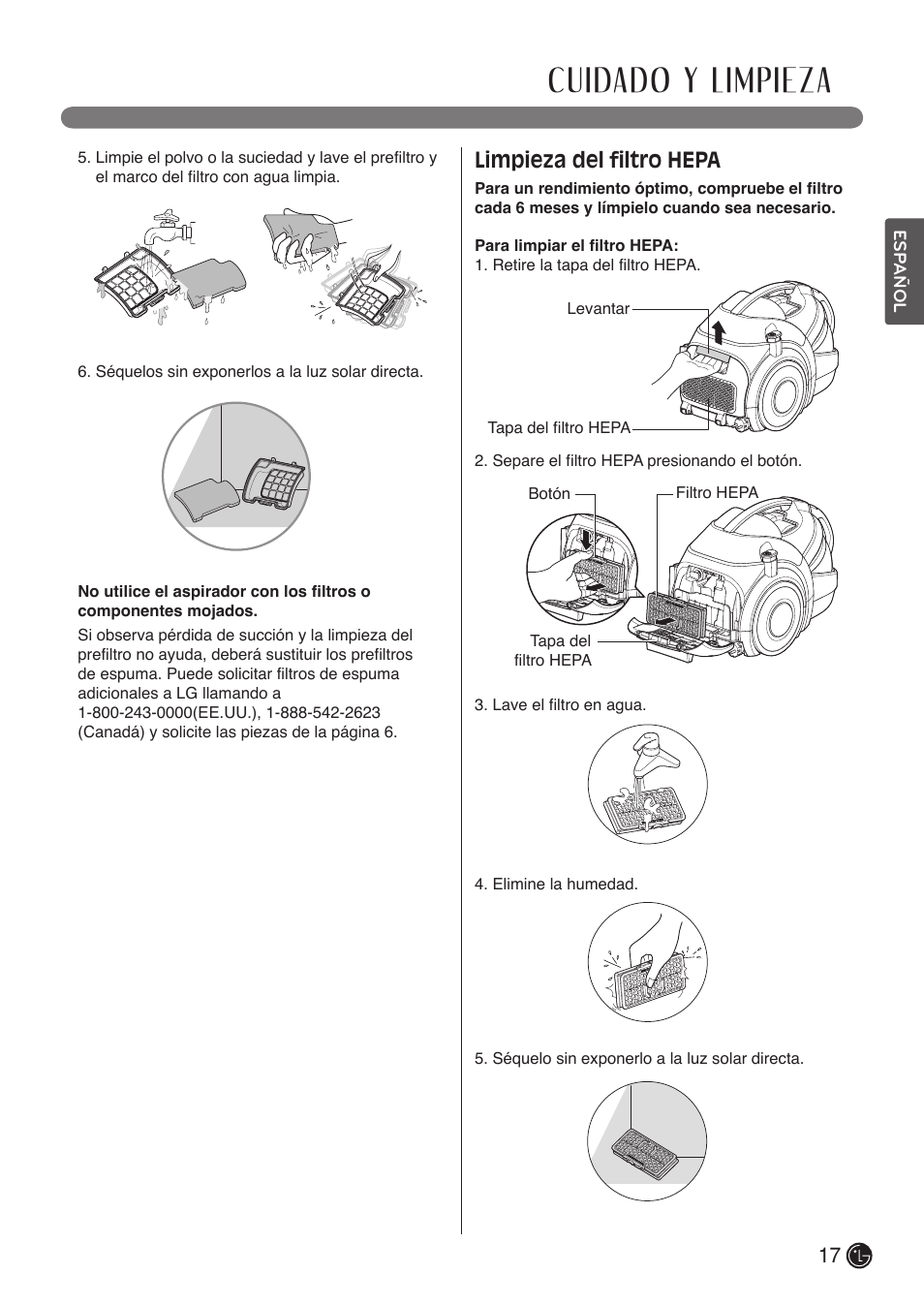Cuidado y limpieza, Limpieza del filtro hepa | LG LCV900B User Manual | Page 39 / 67