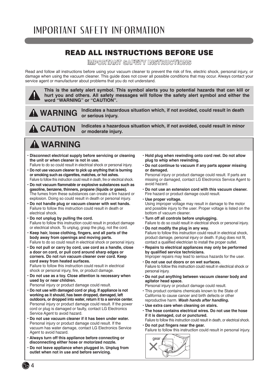 Important safety information, Warning, Caution | Read all instructions before use, Important safety instructions | LG LCV900B User Manual | Page 4 / 67