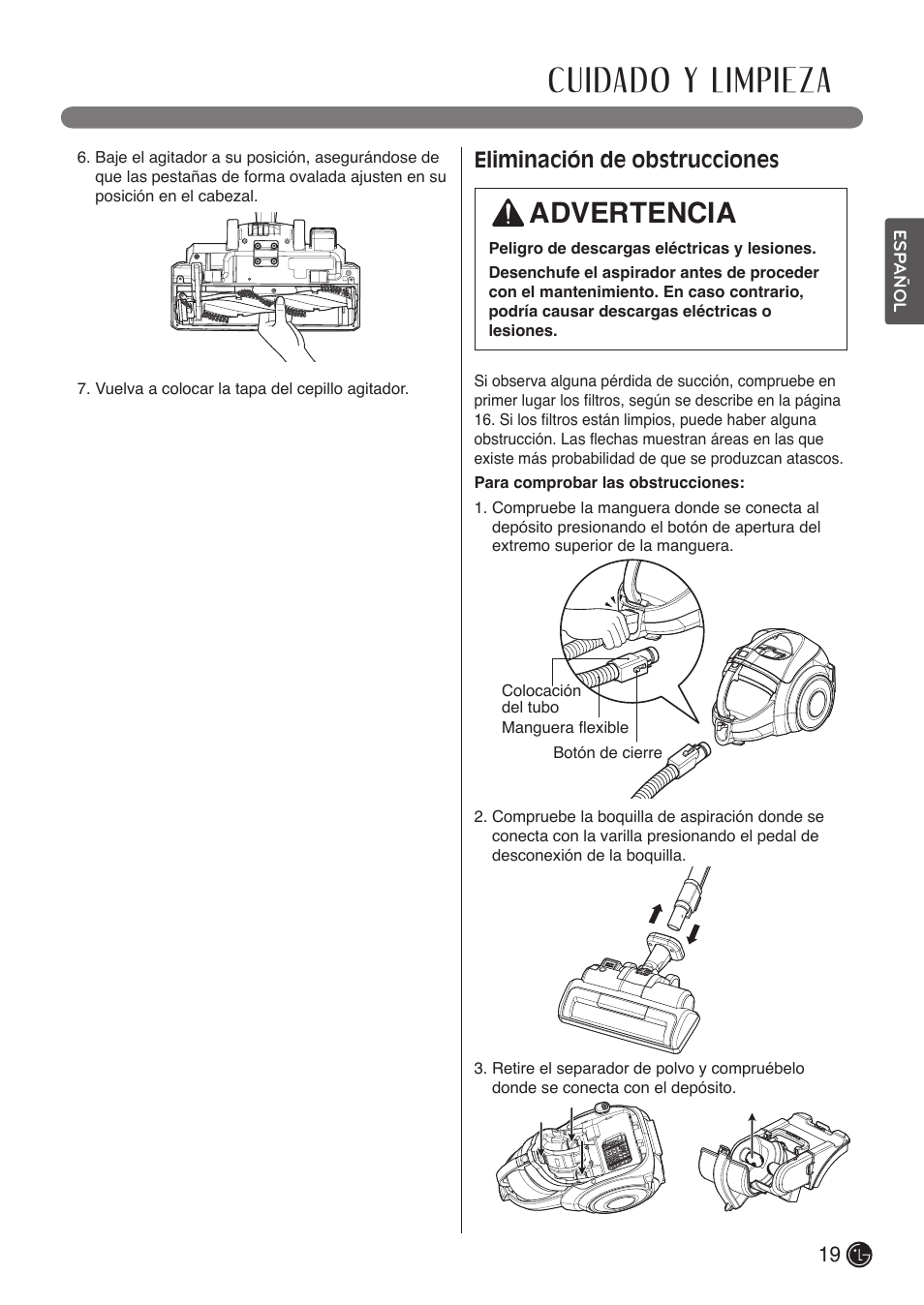 Cuidado y limpieza, Advertencia, Eliminación de obstrucciones | LG LCV900B User Manual | Page 41 / 67
