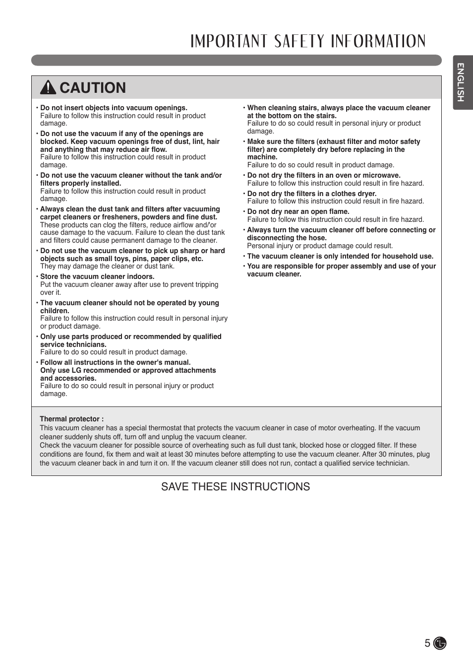 Important safety information, Caution, Save these instructions | LG LCV900B User Manual | Page 5 / 67