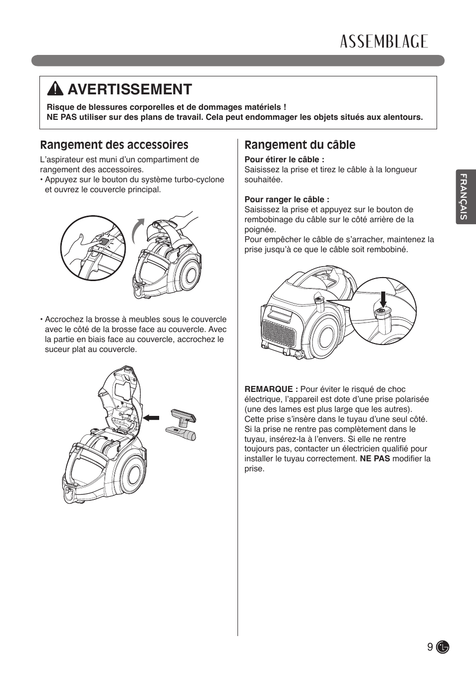 Assemblage, Avertissement, Rangement des accessoires | Rangement du câble | LG LCV900B User Manual | Page 53 / 67