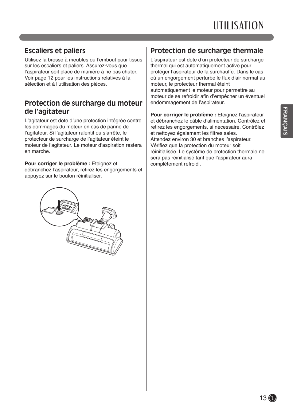 Utilisation, Escaliers et paliers, Protection de surcharge du moteur de l’agitateur | Protection de surcharge thermale | LG LCV900B User Manual | Page 57 / 67