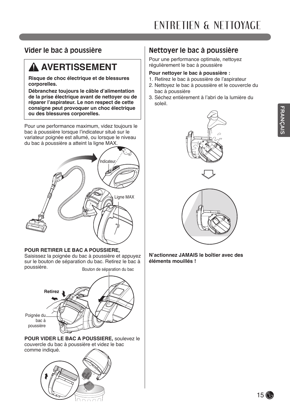 Entretien & nettoyage, Avertissement, Vider le bac à poussière | Nettoyer le bac à poussière | LG LCV900B User Manual | Page 59 / 67