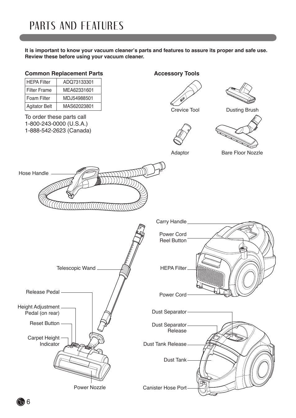 Parts and features | LG LCV900B User Manual | Page 6 / 67