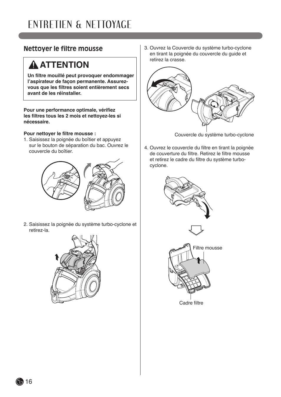 Entretien & nettoyage, Attention, Nettoyer le filtre mousse | LG LCV900B User Manual | Page 60 / 67