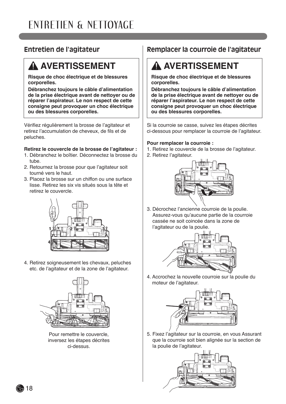 Entretien & nettoyage, Avertissement, Entretien de l’agitateur | Remplacer la courroie de l’agitateur | LG LCV900B User Manual | Page 62 / 67