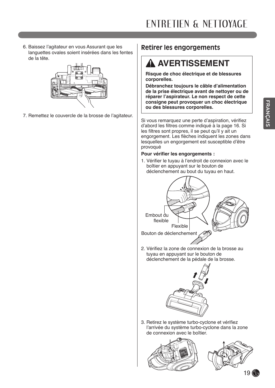 Entretien & nettoyage, Avertissement, Retirer les engorgements | LG LCV900B User Manual | Page 63 / 67