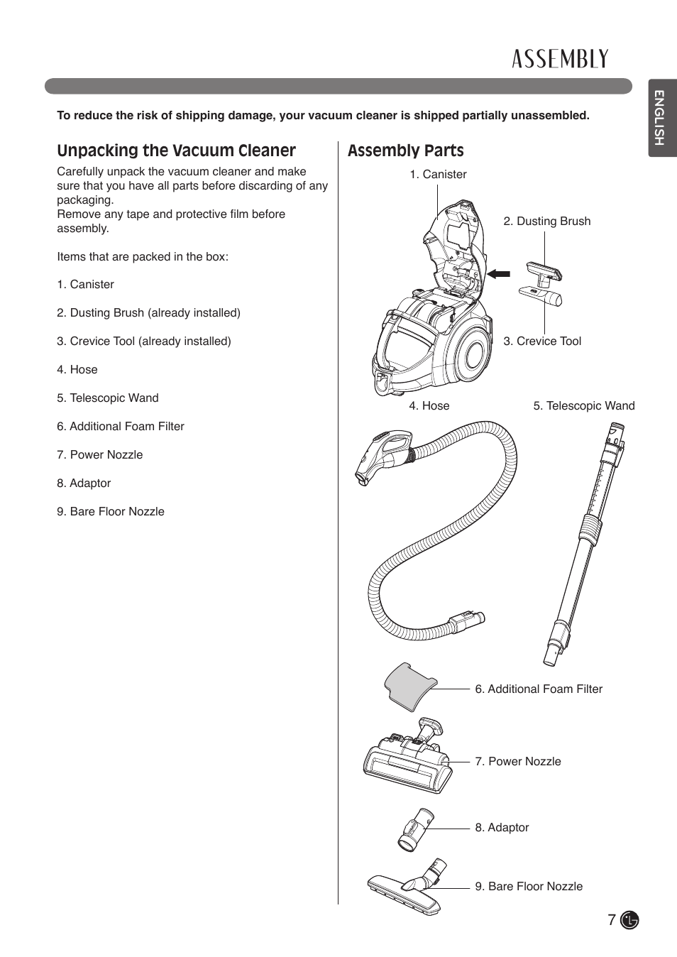 Assembly, Unpacking the vacuum cleaner, Assembly parts | LG LCV900B User Manual | Page 7 / 67