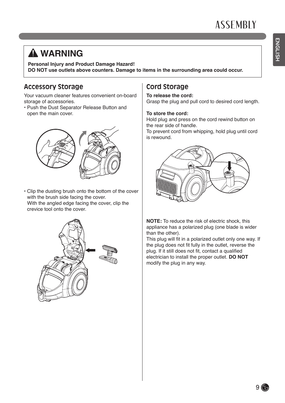Assembly, Warning, Accessory storage | Cord storage | LG LCV900B User Manual | Page 9 / 67