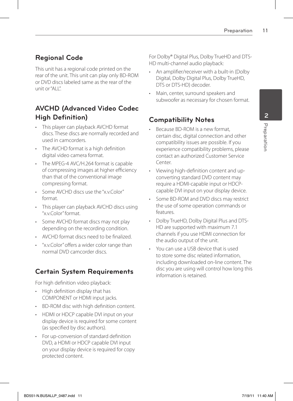 Regional code, Avchd (advanced video codec high definition), Certain system requirements | LG BD611 User Manual | Page 11 / 64