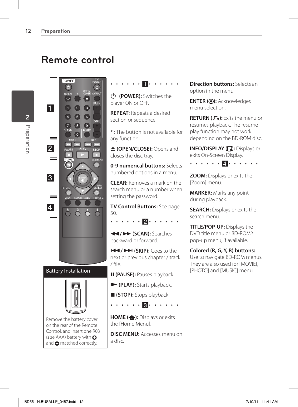 Remote control | LG BD611 User Manual | Page 12 / 64