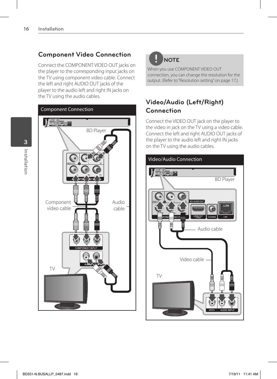 Component video connection, Video/audio (left/right) connection | LG BD611 User Manual | Page 16 / 64