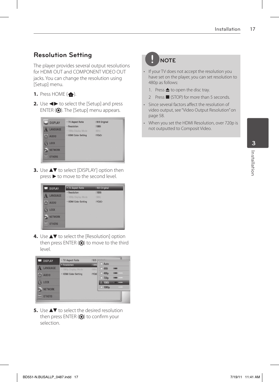 Resolution setting | LG BD611 User Manual | Page 17 / 64