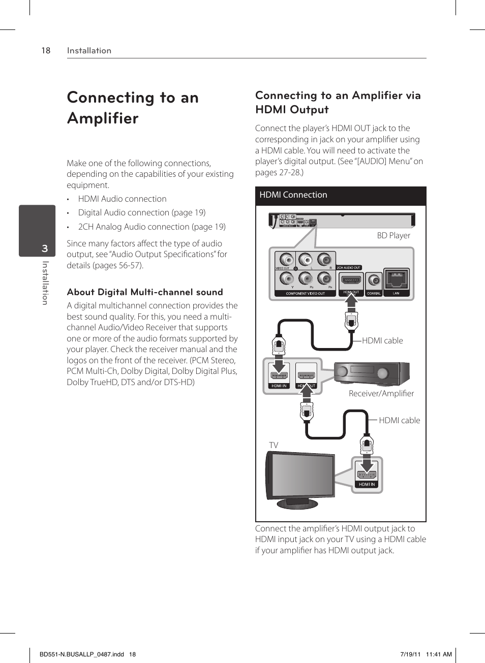 Connecting to an amplifier, Connecting to an amplifier via hdmi output | LG BD611 User Manual | Page 18 / 64