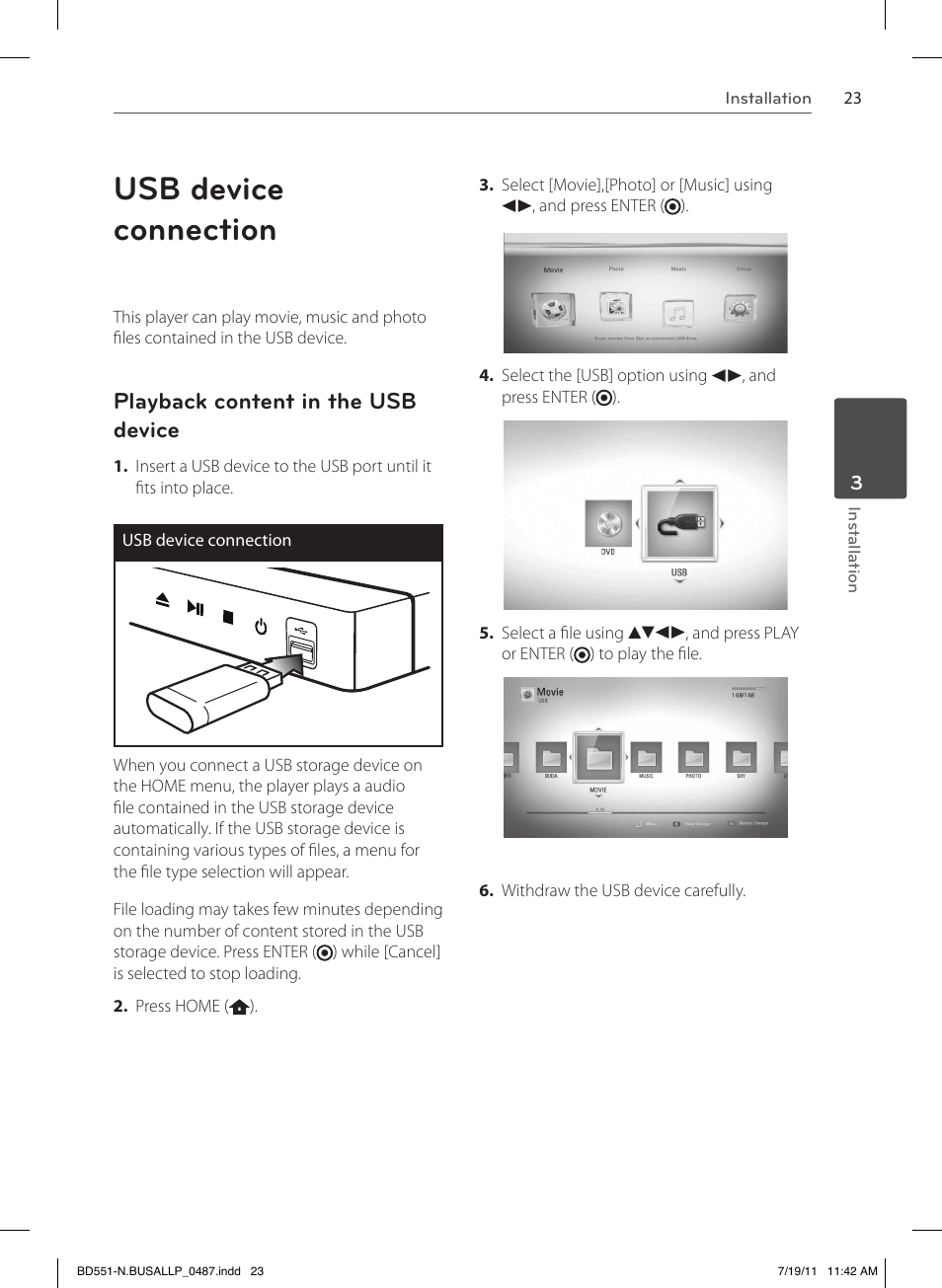 Usb device connection, Playback content in the usb device | LG BD611 User Manual | Page 23 / 64