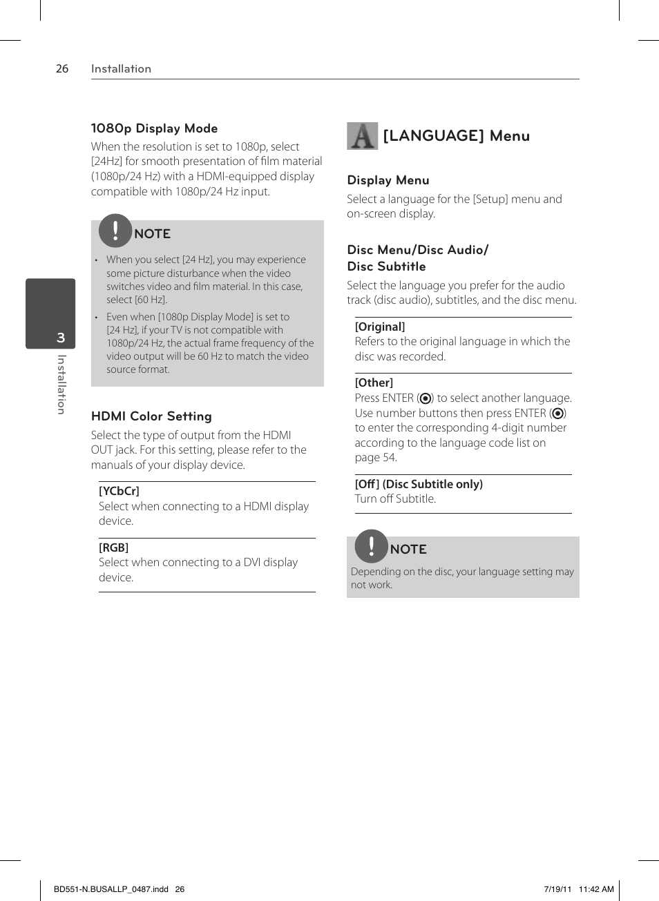 Language] menu | LG BD611 User Manual | Page 26 / 64