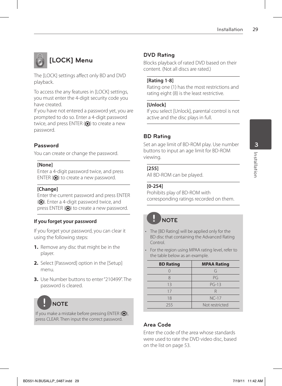 Lock] menu | LG BD611 User Manual | Page 29 / 64