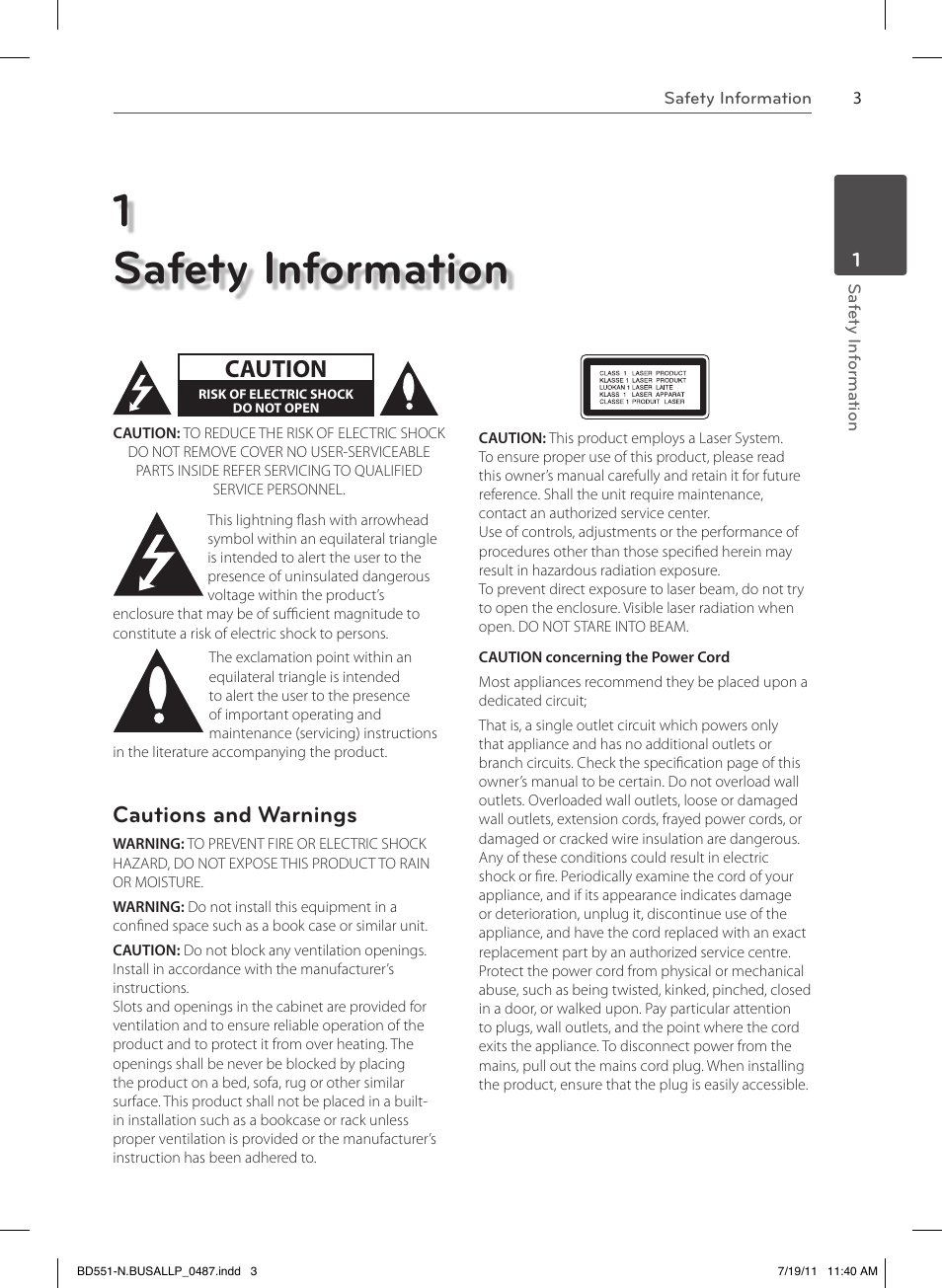 1safety information, Caution, Cautions and warnings | LG BD611 User Manual | Page 3 / 64