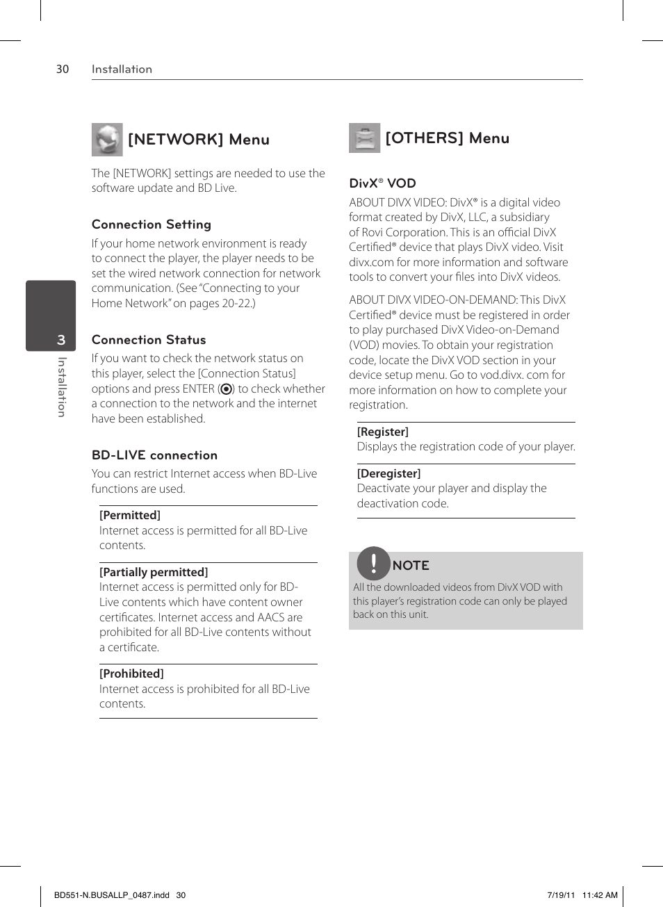 Network] menu, Others] menu | LG BD611 User Manual | Page 30 / 64