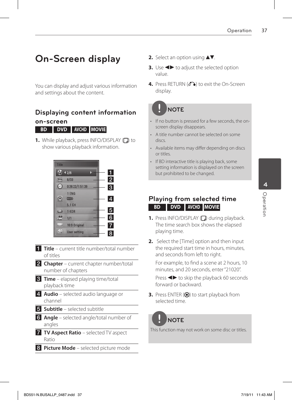 On-screen display, Displaying content information on-screen, Playing from selected time | LG BD611 User Manual | Page 37 / 64