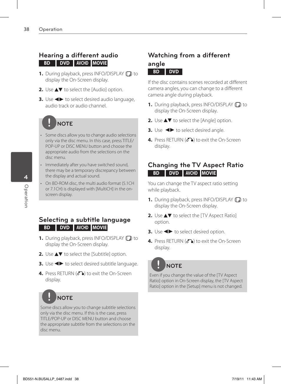 Hearing a different audio, Selecting a subtitle language, Watching from a different angle | Changing the tv aspect ratio | LG BD611 User Manual | Page 38 / 64