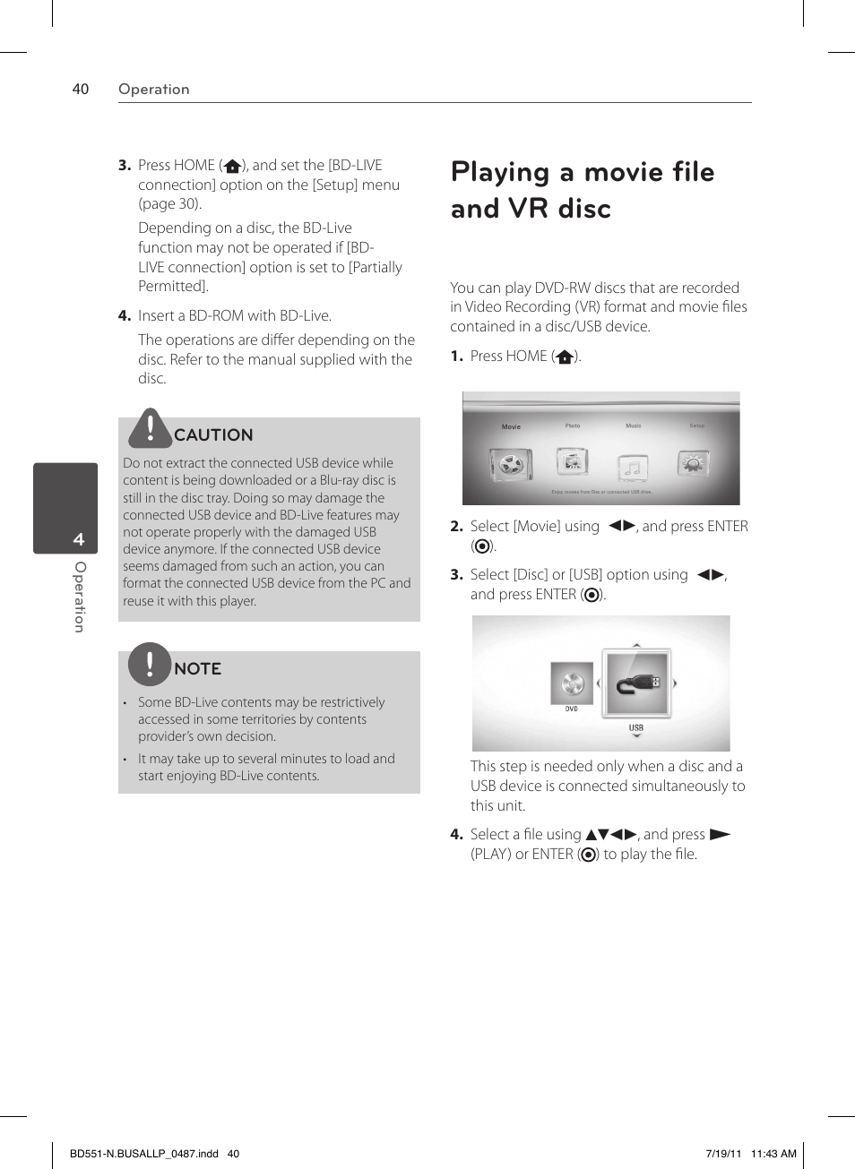 Playing a movie file and vr disc | LG BD611 User Manual | Page 40 / 64