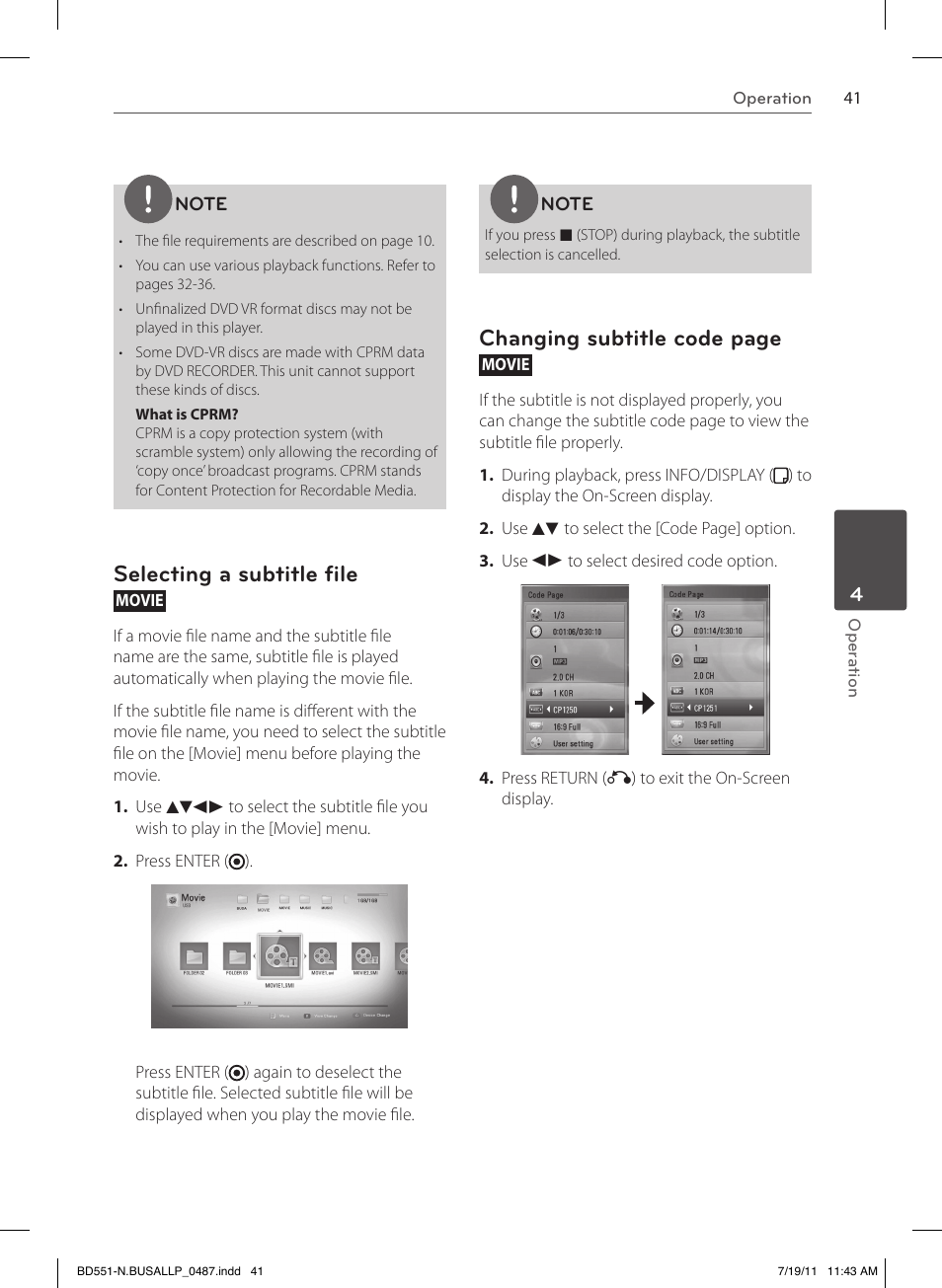 Selecting a subtitle file, Changing subtitle code page | LG BD611 User Manual | Page 41 / 64