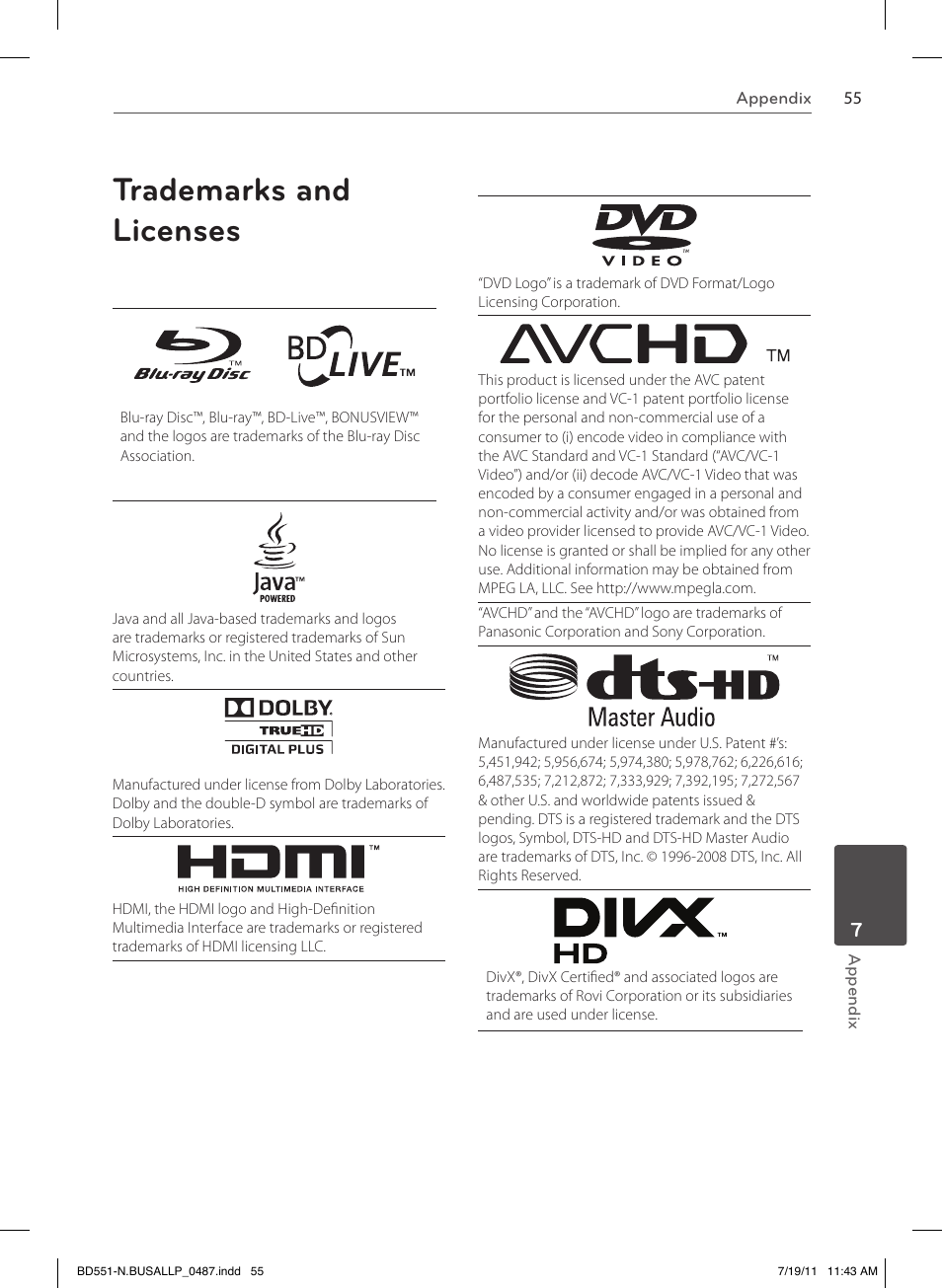 Trademarks and licenses | LG BD611 User Manual | Page 55 / 64