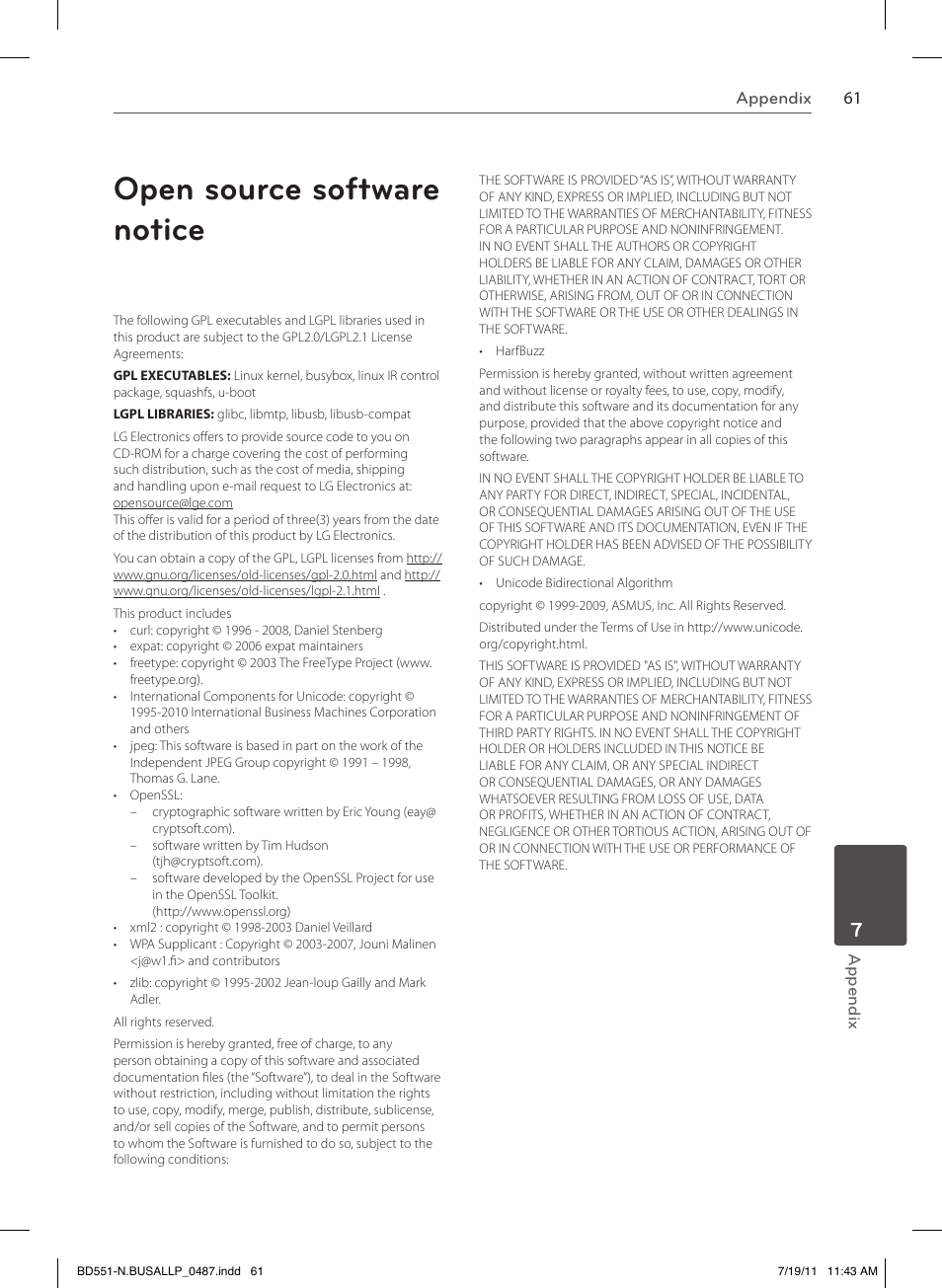 Open source software notice | LG BD611 User Manual | Page 61 / 64