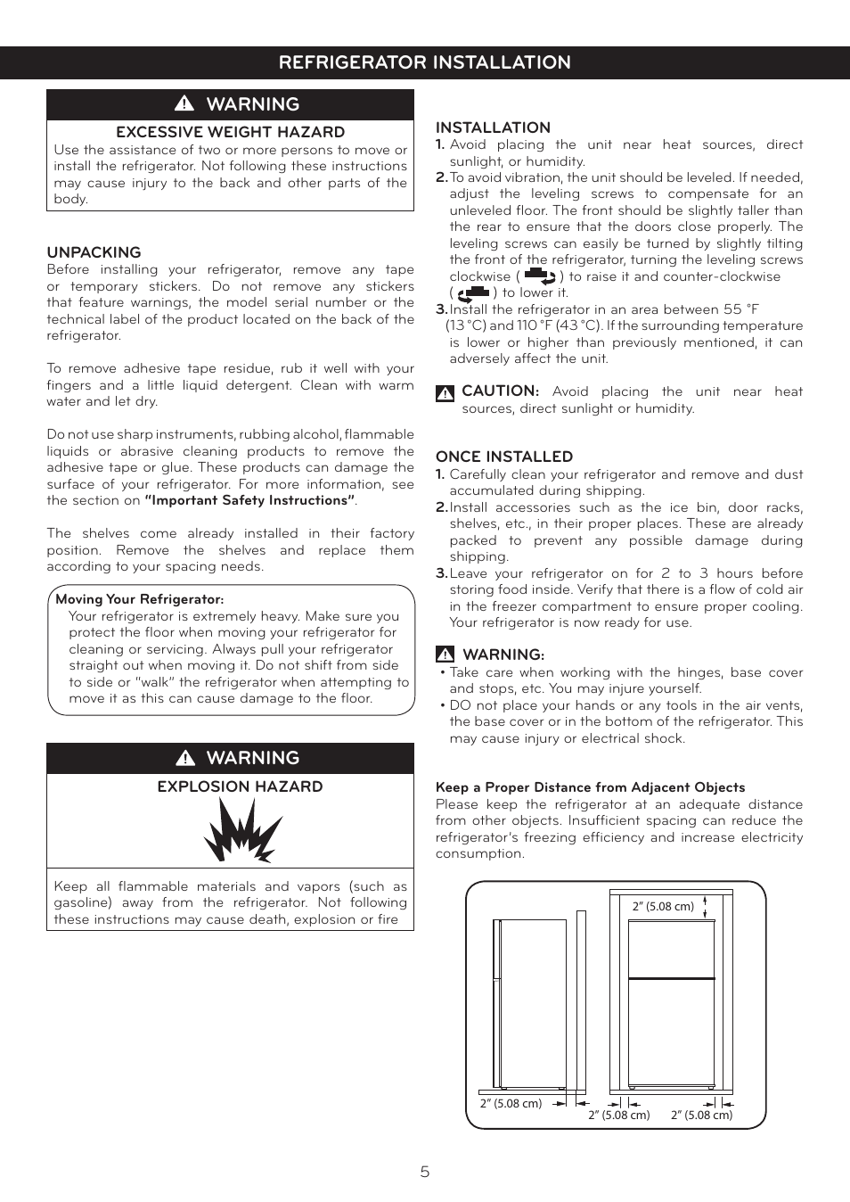 Refrigerator installation warning, Warning, Refrigerator installation | LG LTC20380ST User Manual | Page 6 / 35