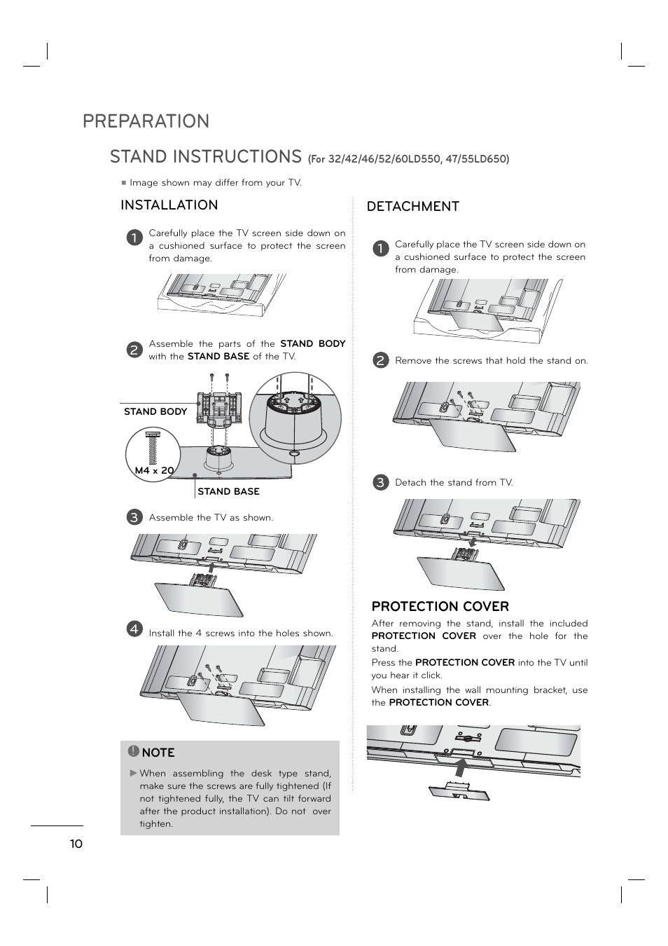 Preparation, Stand instructions, Installation detachment | Protection cover | LG 55LE5400 User Manual | Page 10 / 39