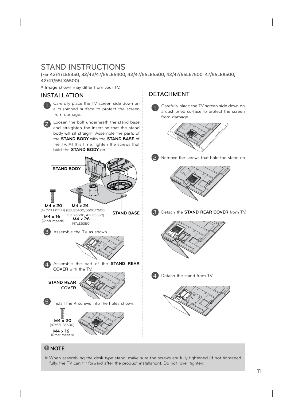 Stand instructions, Installation detachment | LG 55LE5400 User Manual | Page 11 / 39