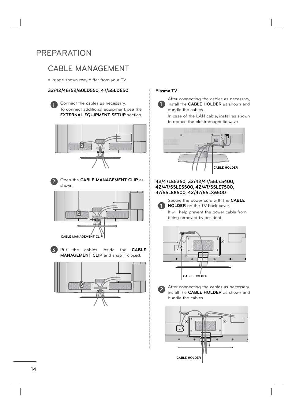 Preparation, Cable management | LG 55LE5400 User Manual | Page 14 / 39