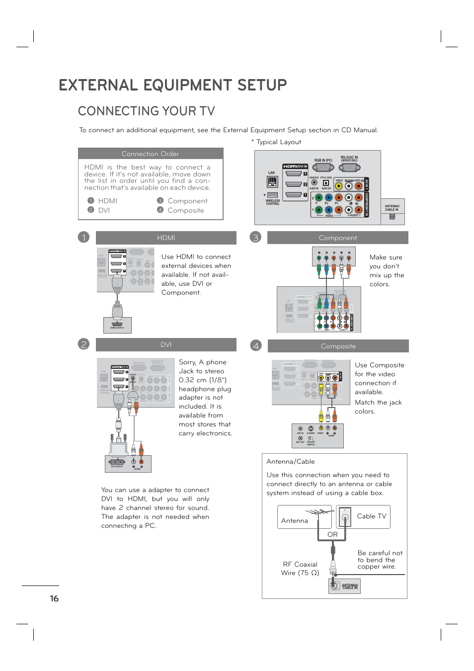 External equipment setup, Preparation, Connecting your tv | Component composite, Component, Composite, Hdmi, Connection order | LG 55LE5400 User Manual | Page 16 / 39