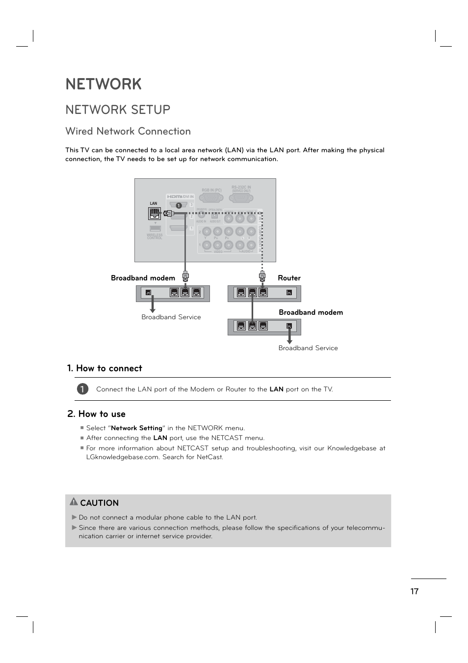 Network, Network setup, Wired network connection | How to connect, How to use, Caution, Broadband modem, Broadband modem router | LG 55LE5400 User Manual | Page 17 / 39
