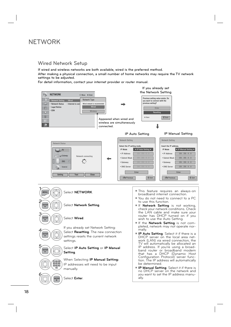 Network, Wired network setup, Select network | Select network setting, Select wired, Select ip auto setting or ip manual setting | LG 55LE5400 User Manual | Page 18 / 39