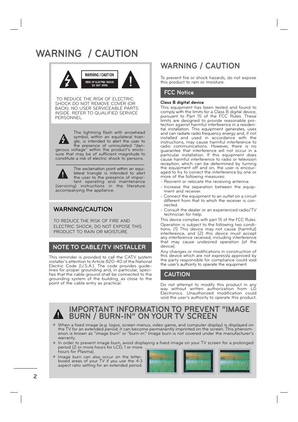 Warning / caution, Warning/caution, Fcc notice | Caution | LG 55LE5400 User Manual | Page 2 / 39