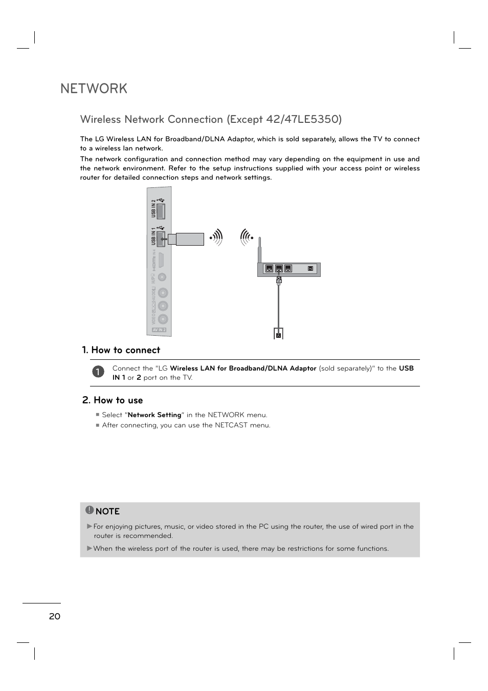 Network, How to connect, How to use | LG 55LE5400 User Manual | Page 20 / 39
