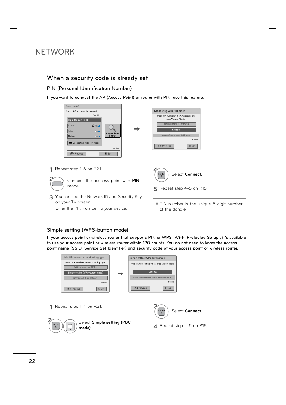 Network, When a security code is already set, Pin (personal identification number) | Simple setting (wps-button mode) | LG 55LE5400 User Manual | Page 22 / 39