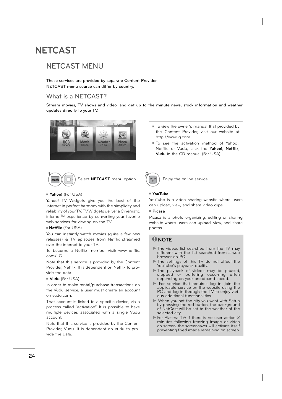 Netcast, Netcast menu, What is a netcast | LG 55LE5400 User Manual | Page 24 / 39