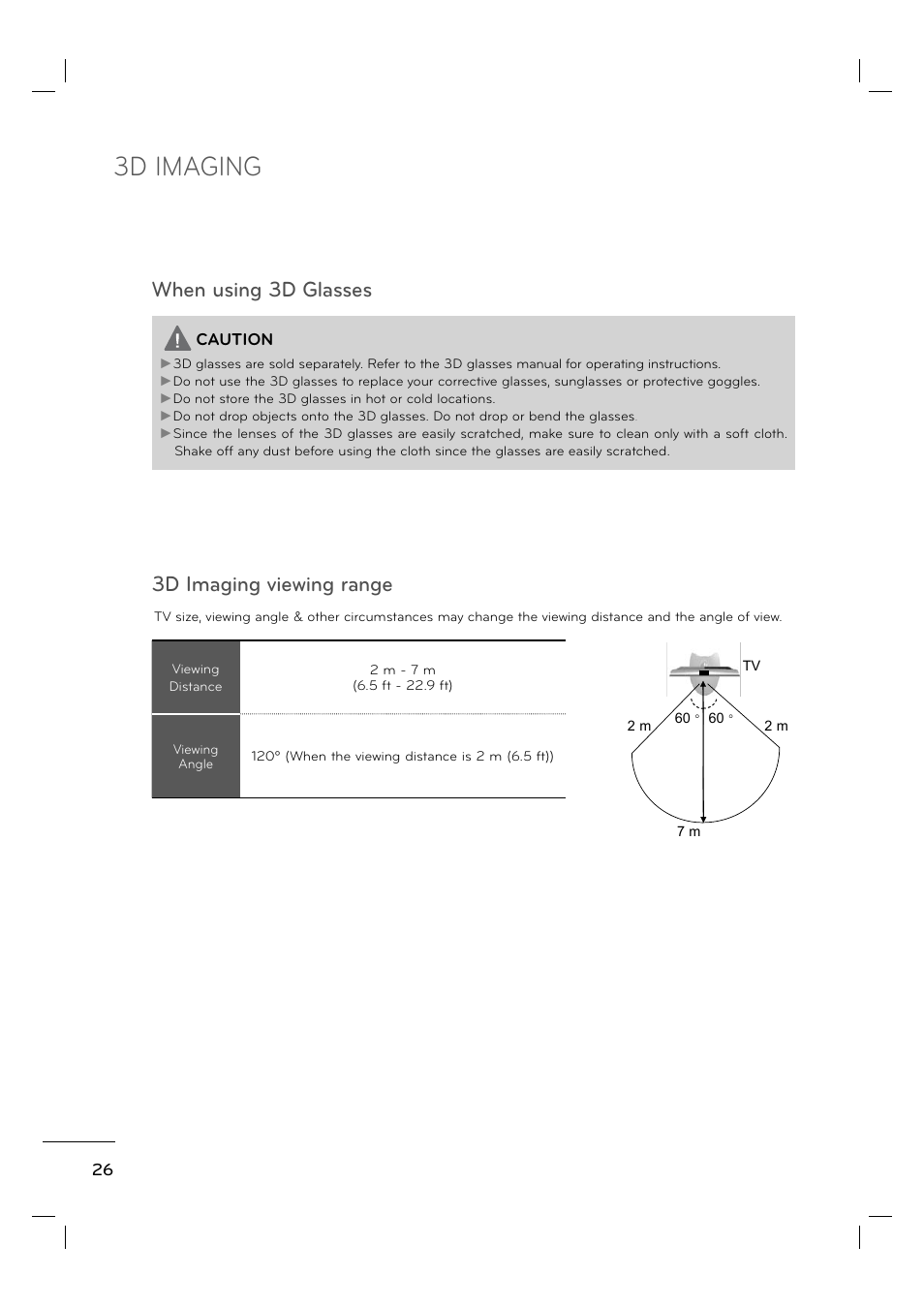 3d imaging, 3d imaging viewing range when using 3d glasses | LG 55LE5400 User Manual | Page 26 / 39