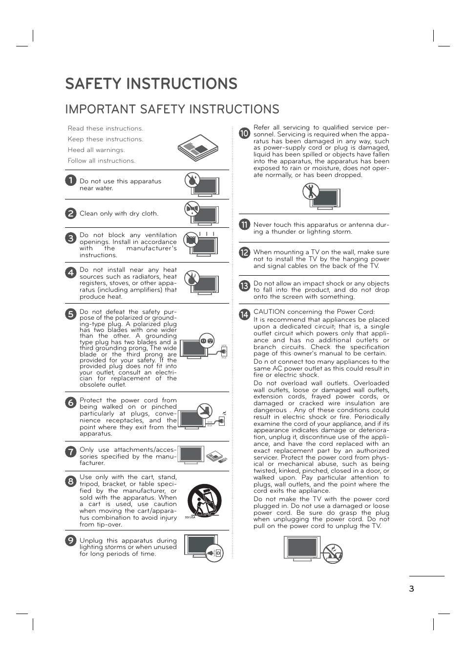 Safety instructions, Important safety instructions | LG 55LE5400 User Manual | Page 3 / 39