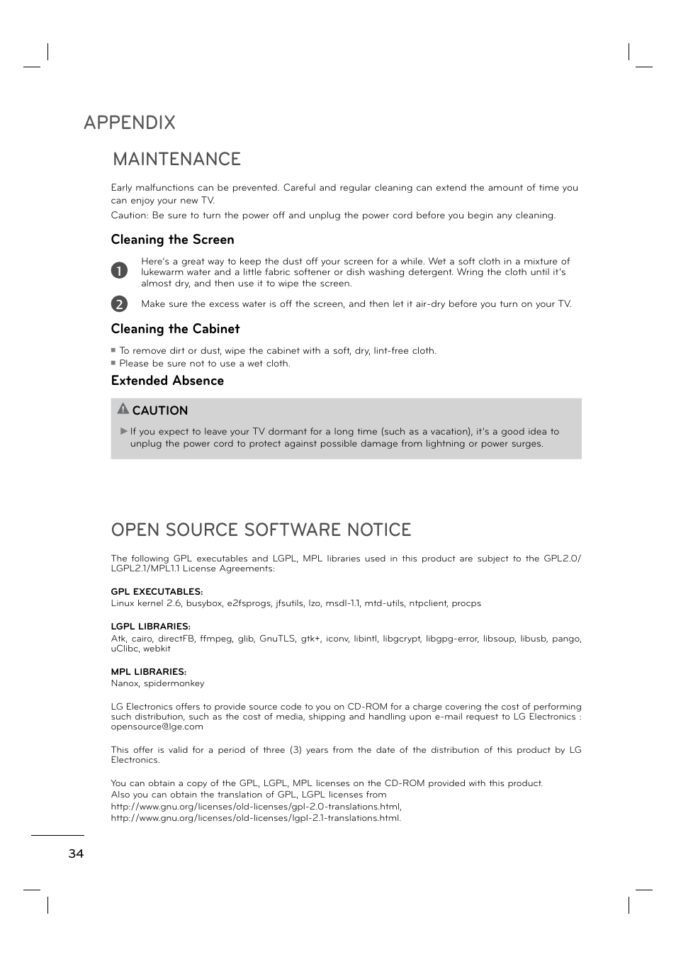 Appendix, Open source software notice, Maintenance | Cleaning the screen, Cleaning the cabinet, Extended absence | LG 55LE5400 User Manual | Page 34 / 39
